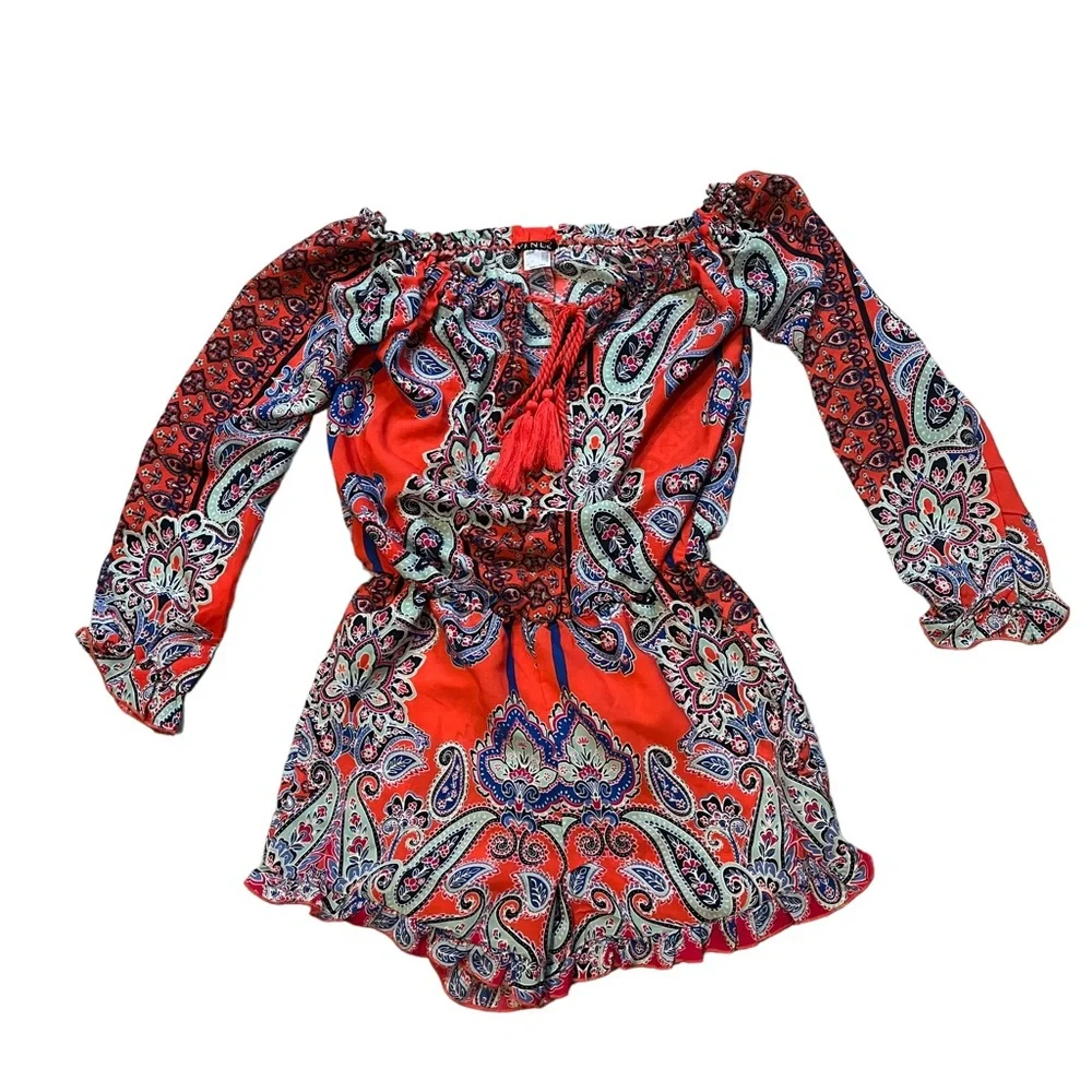 Venus Romper Off The Shoulder Floral Paisley Print Ruffle Long Sleeve - Picture 10 of 11